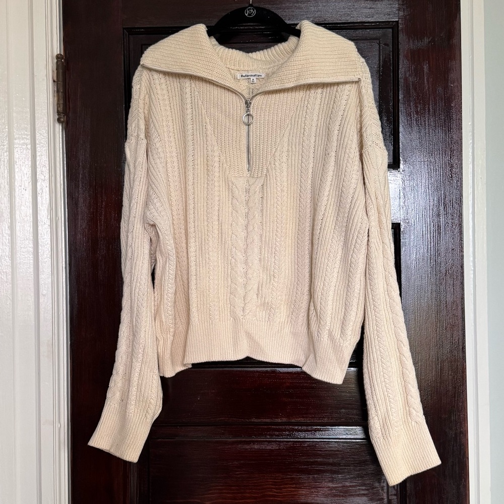 Reformation Lucca Quarter Zip Cream Cable Knit Sweater